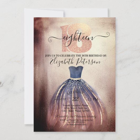おしゃれなエレガントドレス 18歳の誕生日パーティー 招待状 (正面)