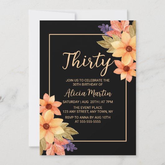 おしゃれなオレンジ 赤 秋の花のモチーフ 黒の背景 誕生日カード あらゆる年齢 招待状 (正面)