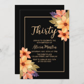 おしゃれなオレンジ 赤 秋の花のモチーフ 黒の背景 誕生日カード あらゆる年齢 招待状 (正面/裏面)