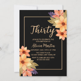 おしゃれなオレンジ 赤 秋の花 フラワーデザイン 黒背景 誕生日 招待状