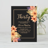 おしゃれなオレンジ 赤 秋の花 フラワーデザイン 黒背景 誕生日 招待状 (スタンド正面)