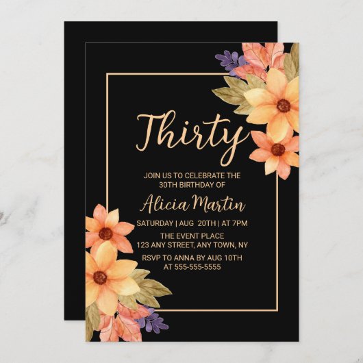 おしゃれなオレンジ 赤 秋の花 フラワーデザイン 黒背景 誕生日 招待状 (正面/裏面)