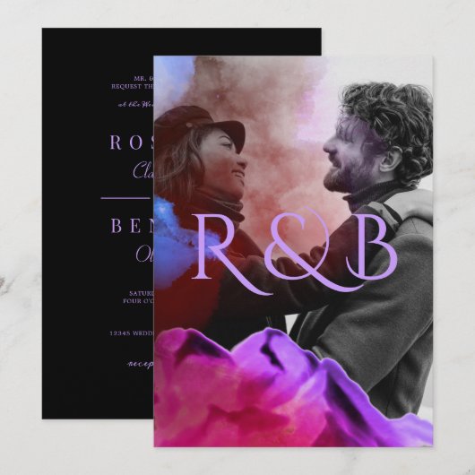 おしゃれなオンブレ山々オーバーレイ写真ウェディング 招待状 (正面/裏面)