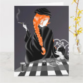 おしゃれなカフェでの犬と女性のグリーティングカード　ギンガー ヘアー カード (黄色い花)