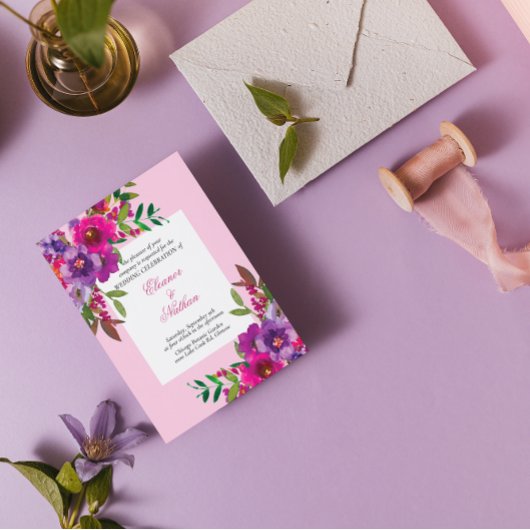 おしゃれなカラフルな水彩花の夏のウェディング 招待状