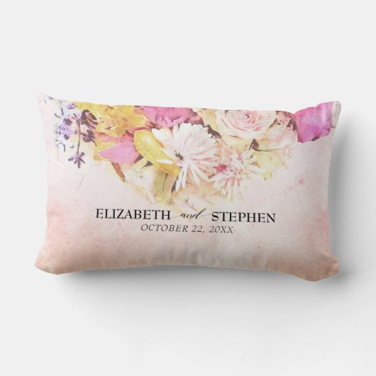 おしゃれなカラフルな水彩花の植物学的な結婚式 ランバークッション (裏面)