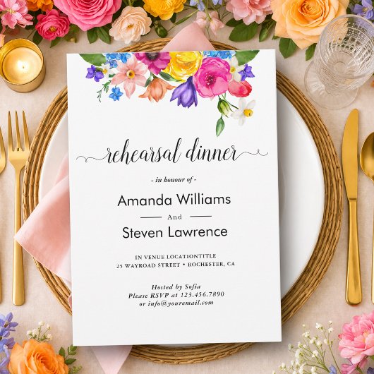 おしゃれなカラフルな野の花の結婚式リハーサルディナー 招待状