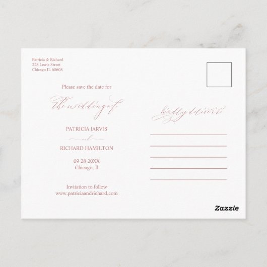 おしゃれなカリグラフィー結婚式Save The Date写真 ポストカード (裏面)