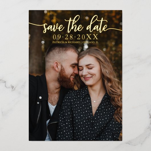 おしゃれなカリグラフィー結婚式Save The Date 箔招待状 (正面)