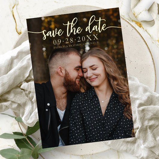 おしゃれなカリグラフィー結婚式Save The Date 箔招待状