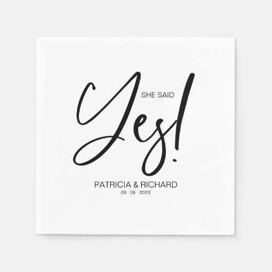おしゃれなカリグラフィー　彼女はイエスと言った　エンゲージメントパーティー スタンダードカクテルナプキン (正面)
