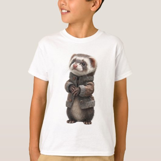 おしゃれなカーディガンを着たフェレットの子供服 Tシャツ (正面)
