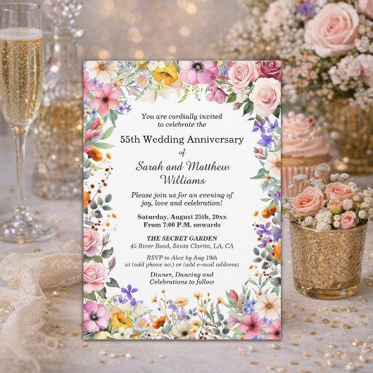 おしゃれなガーデンフラワー 55周年結婚記念日 招待状