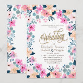 おしゃれなガーデン ピンクの花 ウェディング 招待状 (正面/裏面)