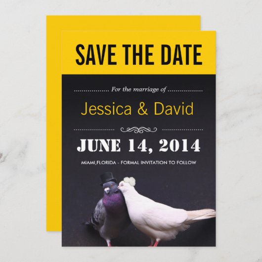 おしゃれなキスをする鳥たちのSave the Date発表 招待状 (正面/裏面)