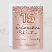 おしゃれなキンセアニエラ ローズゴールド グリッター 15歳の誕生日 招待状 (正面)