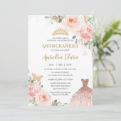 おしゃれなキンチアニエラのドレス バースデー ピンクの花 招待状 (スタンド正面)