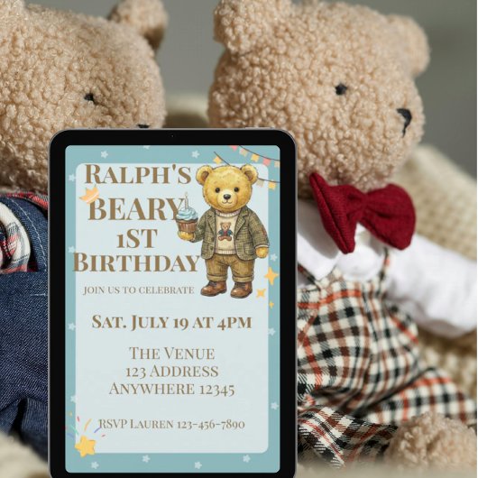 おしゃれなクマのベリーの１歳の誕生日 招待状
