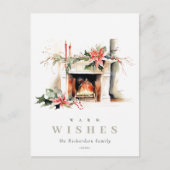 おしゃれなクリスマスのインテリア ポインセチアと暖炉 シーズンポストカード (正面)