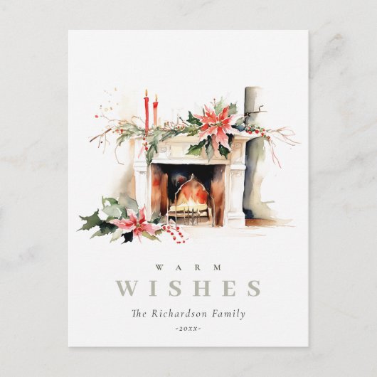 おしゃれなクリスマスのインテリア ポインセチアと暖炉 シーズンポストカード (正面)