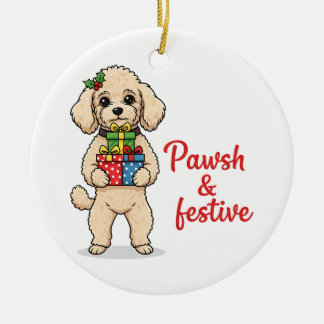 おしゃれなクリスマスの犬、パウシュとフェスティブな犬 セラミックオーナメント