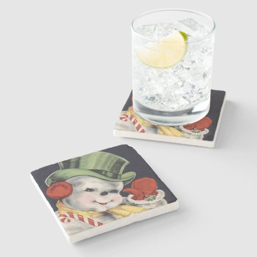 おしゃれなクリスマスの雪だるま ストーンコースター (横)