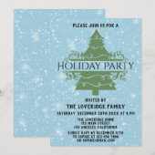 おしゃれなクリスマスツリーのホリデーパーティー スノーフレーク 青 招待状 (正面/裏面)