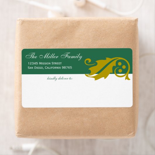 おしゃれなクリスマスツリーの葉のデザイン、緑と金のシッピングラベル ラベル (インサイチュ)