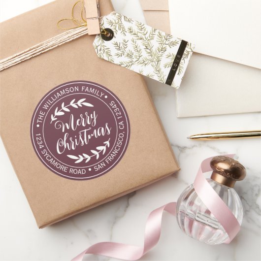 おしゃれなクリスマス喜びの返送先バーガンディ ラウンドシール (ギフト)