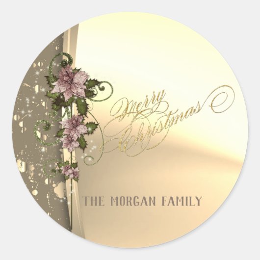 おしゃれなクリスマス、偽の金、ポインセチア ラウンドシール (正面)