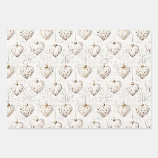 おしゃれなクリームグレー ハート オーナメント ウェディング ラッピングペーパーシート (正面)