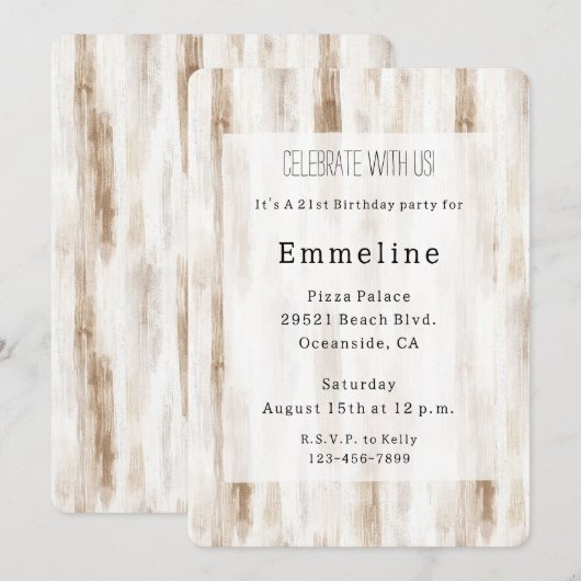 おしゃれなクリームホワイトブラウンストライプの誕生日 招待状 (正面/裏面)