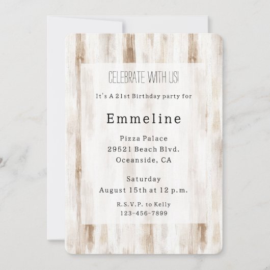 おしゃれなクリームホワイトブラウンストライプの誕生日 招待状 (正面)