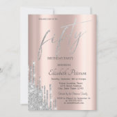 おしゃれなクールシルバーグリッター垂れ 50歳の誕生日 招待状 (正面)