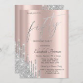 おしゃれなクールシルバーグリッター垂れ 50歳の誕生日 招待状 (正面/裏面)