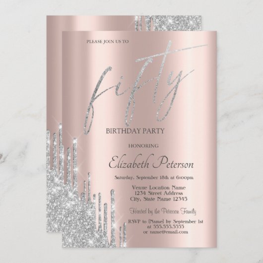 おしゃれなクールシルバーグリッター垂れ 50歳の誕生日 招待状 (正面/裏面)