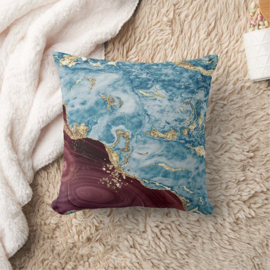 おしゃれなクールブルーのバーガンディ大理石テクスチャ クッション (ブランケット)