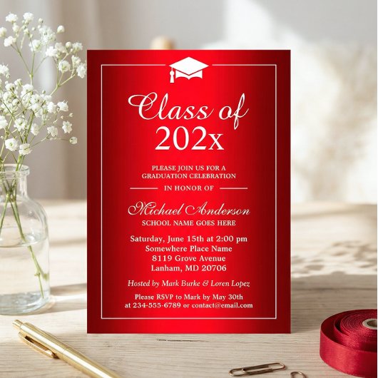 おしゃれなグラデーション ホットレッド 卒業パーティー 招待状