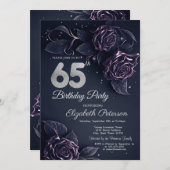 おしゃれなグリッターが滴るローズゴールドの65歳誕生日 招待状 (正面/裏面)
