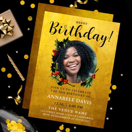 おしゃれなグリッターゴールドのクリスマスリースの誕生日写真 招待状