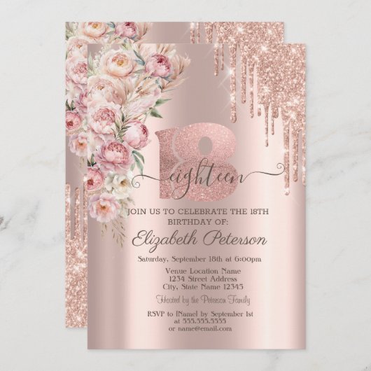 おしゃれなグリッター垂れ、ローズ ローズゴールド 18歳の誕生日 招待状 (正面/裏面)