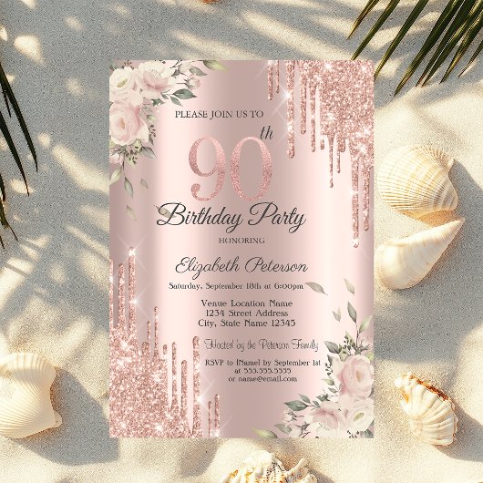 おしゃれなグリッター垂れ、 花 ローズゴールド 90歳の誕生日 招待状