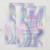 おしゃれなグリッター ティアラ ホログラフィック カラフル スイート 16 招待状 (正面/裏面)