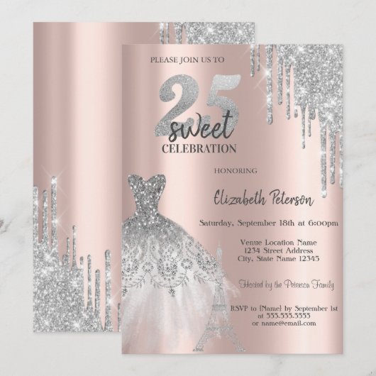 おしゃれなグリッター ドリップス、エッフェル塔のドレス スイート 25 招待状 (正面/裏面)