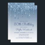 おしゃれなグリッター ドリップ ブルー 80歳の誕生日 招待状<br><div class="desc">この豪華な80歳の誕生日招待状は、きらきらとした青い偽のグリッター ドリップの境界線と青いオンブル背景を特徴としています。「80歳の誕生日」と名誉客の名前は、カジュアルな青い手書きスクリプトで表示され、残りのカスタマイズ可能なテキストは青いサンセリフ フォントで表示されます。同じ青いグリッター ドリップ デザインが裏側にも表示されます。</div>