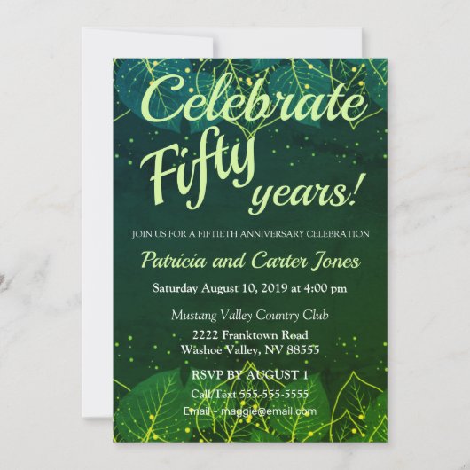 おしゃれなグリーンとゴールドの50周年招待状 招待状 (正面)