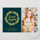 おしゃれなグリーンとホリデーリースの写真 箔シーズンカード (正面)