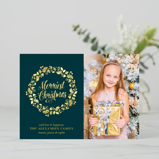 おしゃれなグリーンとホリデーリースの写真 箔シーズンカード (立ち正面)