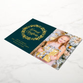 おしゃれなグリーンとホリデーリースの写真 箔シーズンカード (回転した状態)