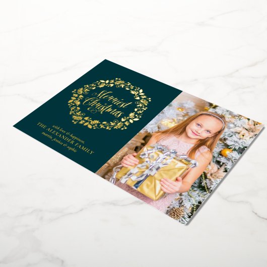 おしゃれなグリーンとホリデーリースの写真 箔シーズンカード (回転した状態)